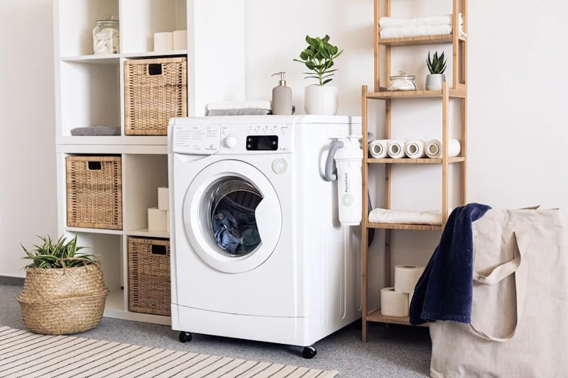 Tidy laundry room with folded linens