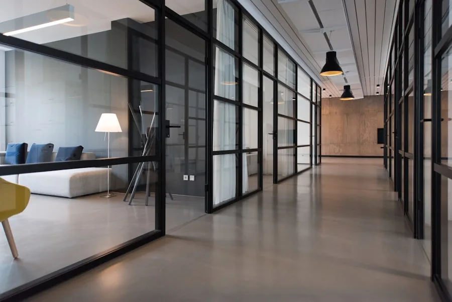 Glass-walled office corridor cleaned to a shine