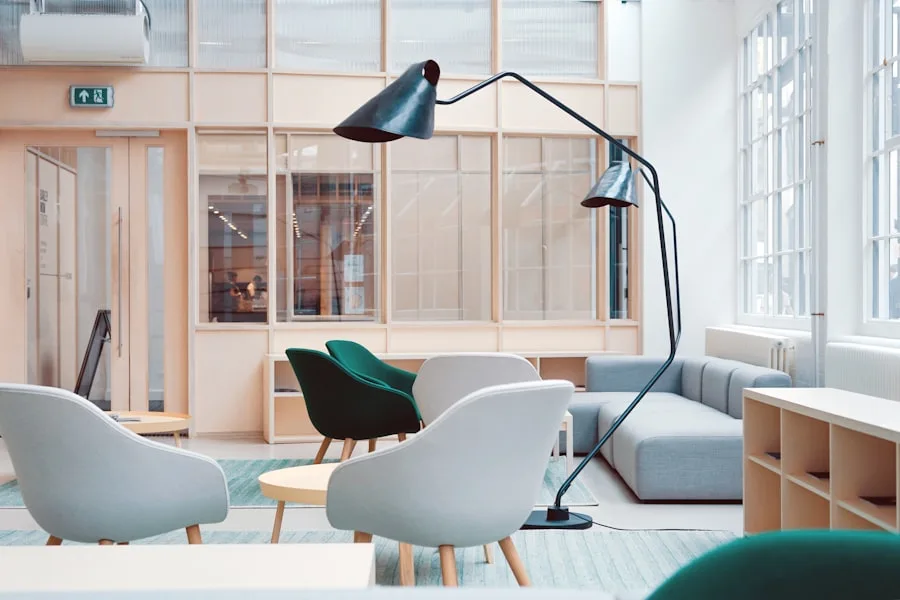Bright office lounge with a spotless floor