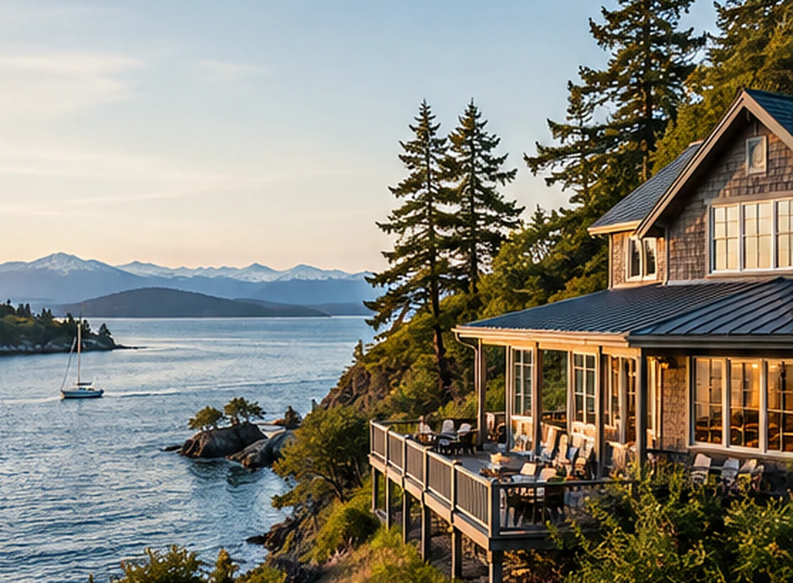 A shingled waterfront lodge among evergreens above the Salish Sea at sunset