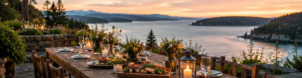 A long candlelit table set outdoors above the water at sunset