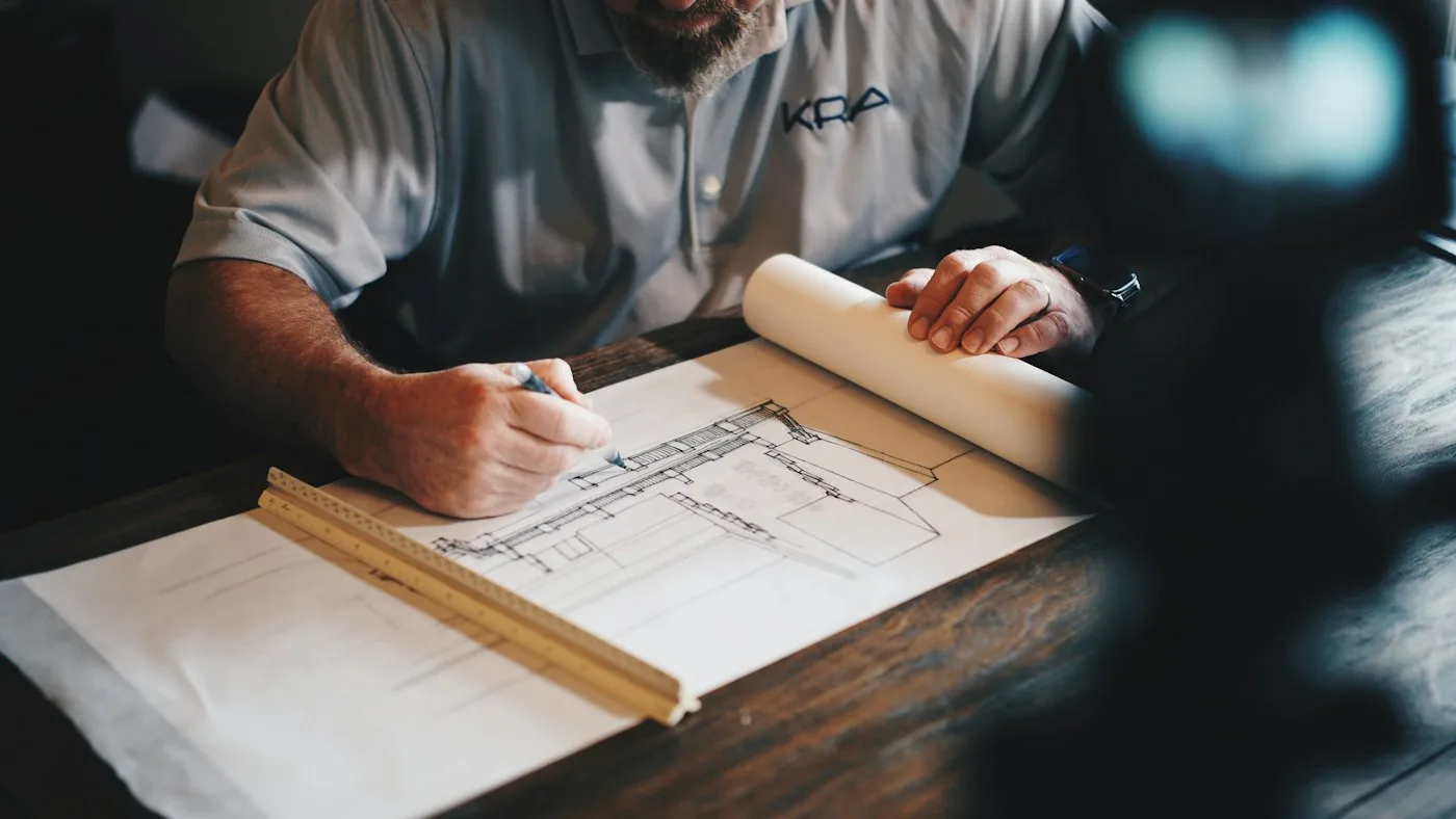 Contractor reviewing construction plans at a wooden table