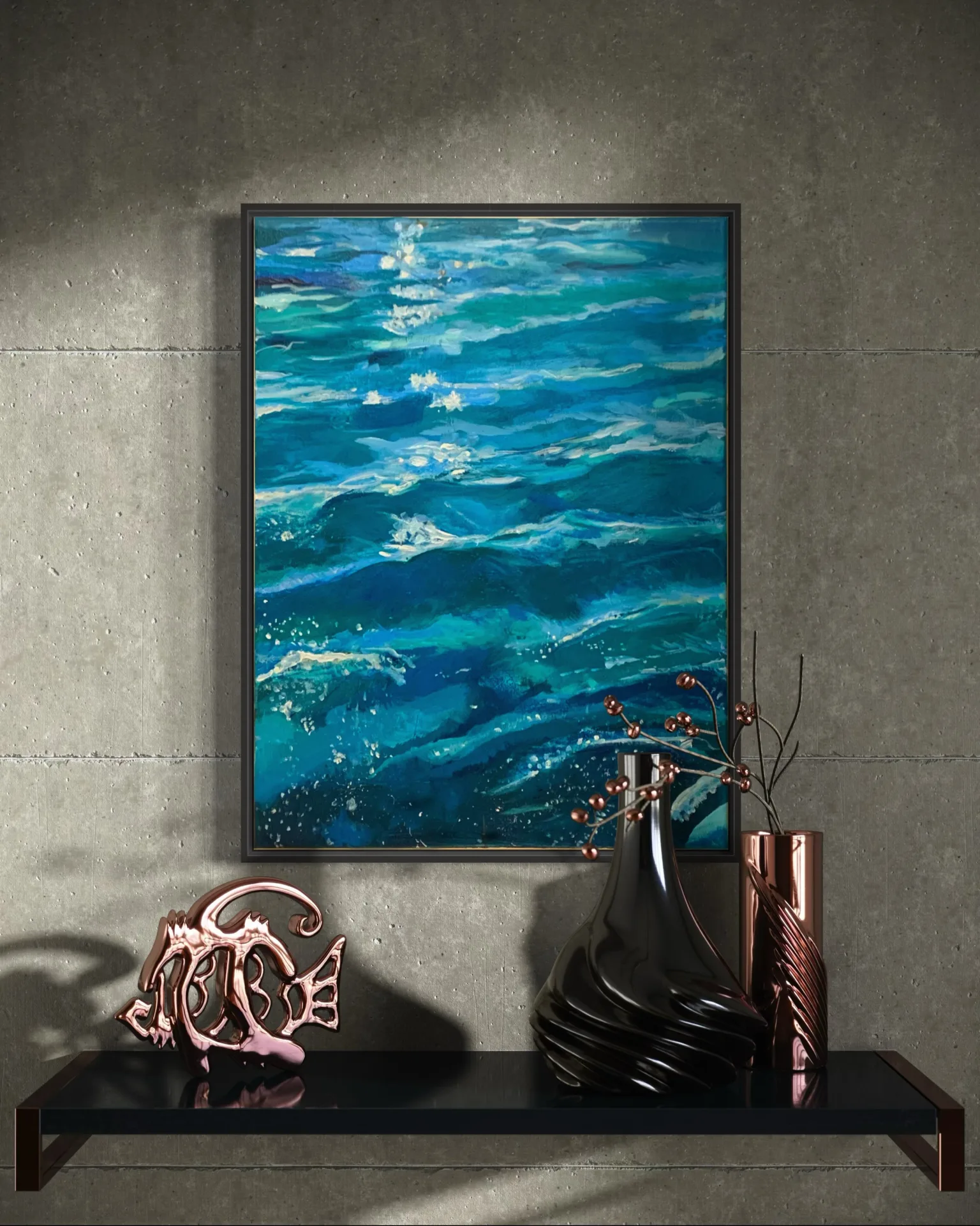 Framed pastel of open water seen close, worked in teal, deep blue and green with the sun breaking white across the surface