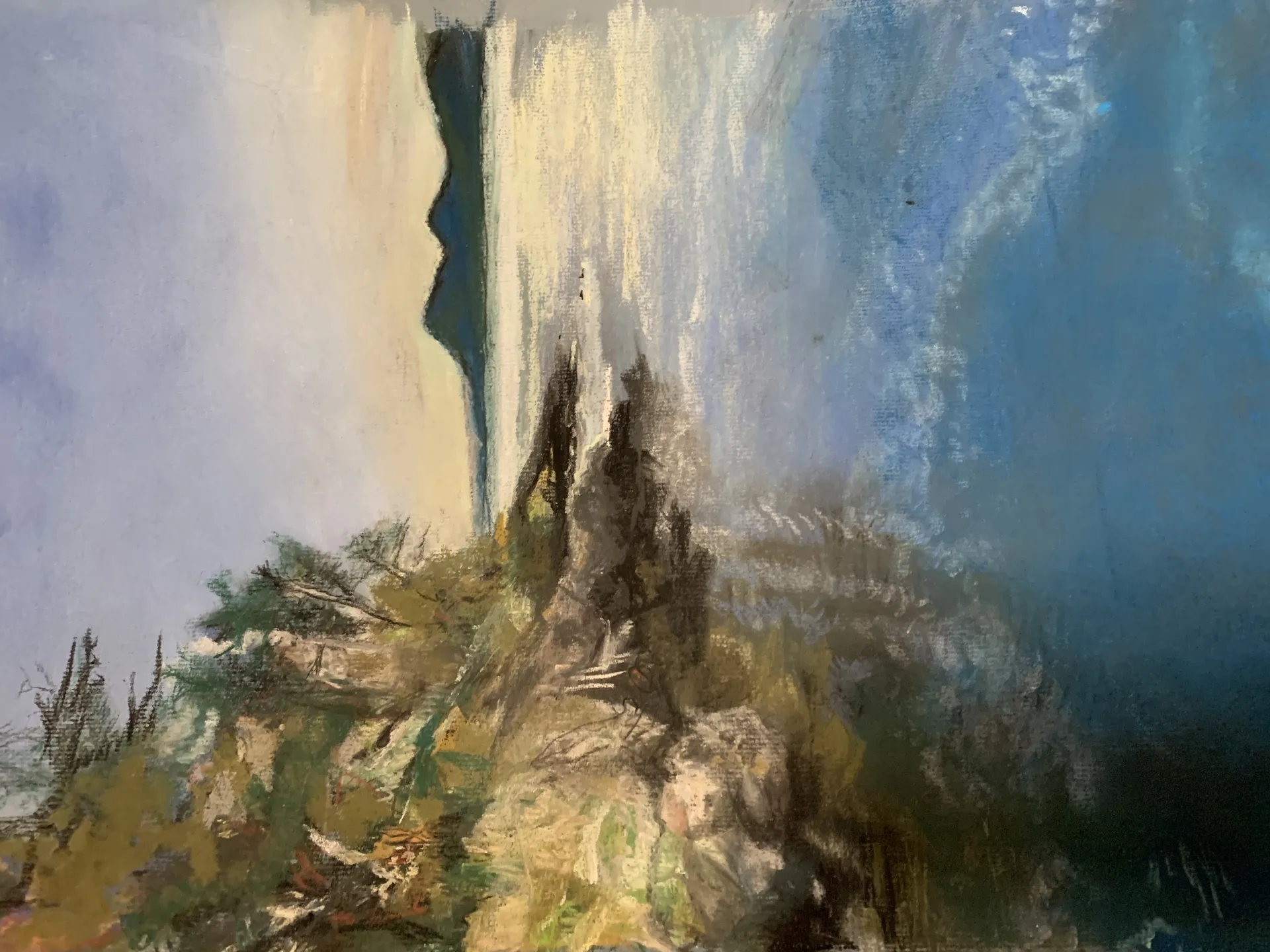 Pastel of Madrona Point: madrona and fir in the foreground going to silhouette, a distant headland, and a sky banded lavender, cream and blue