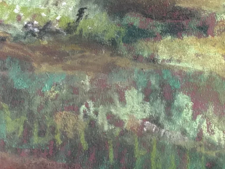 Close-up of the foreground undergrowth: broken greens, madrona red and pale yellow laid over one another