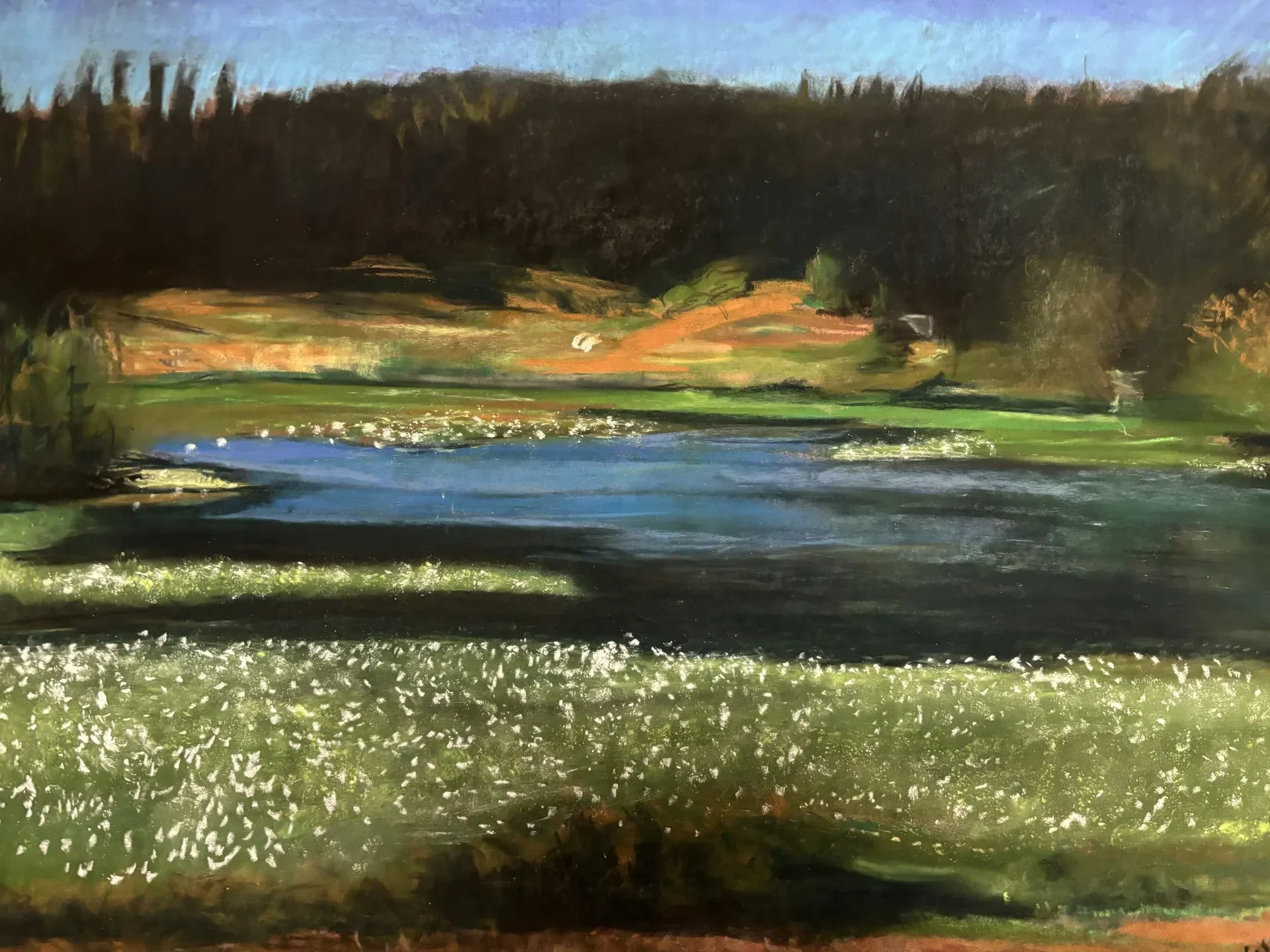 Pastel landscape of a still pond below a dark treeline, a sunlit orange field beyond it and a foreground meadow flecked with white flowers
