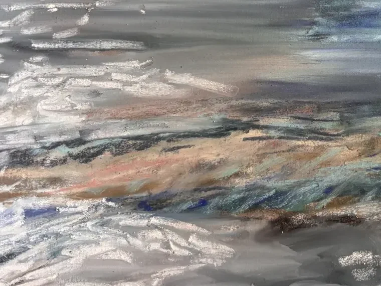 Close-up of the surf: white scraped over grey and sand-brown in short broken strokes