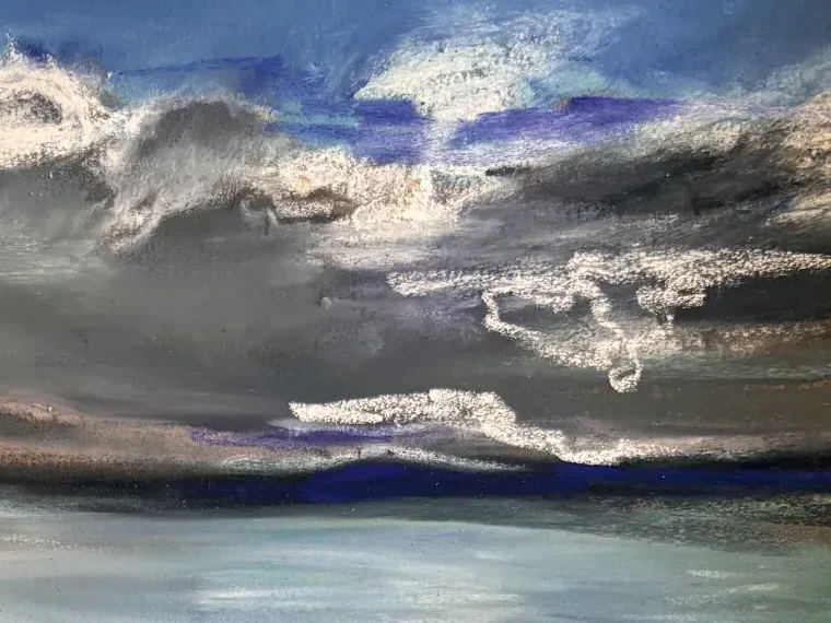 Close-up of the cloud bank: ultramarine and slate worked wet against dry white