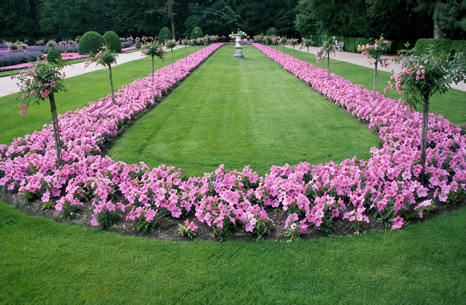 Finished landscape with manicured lawn and flower beds
