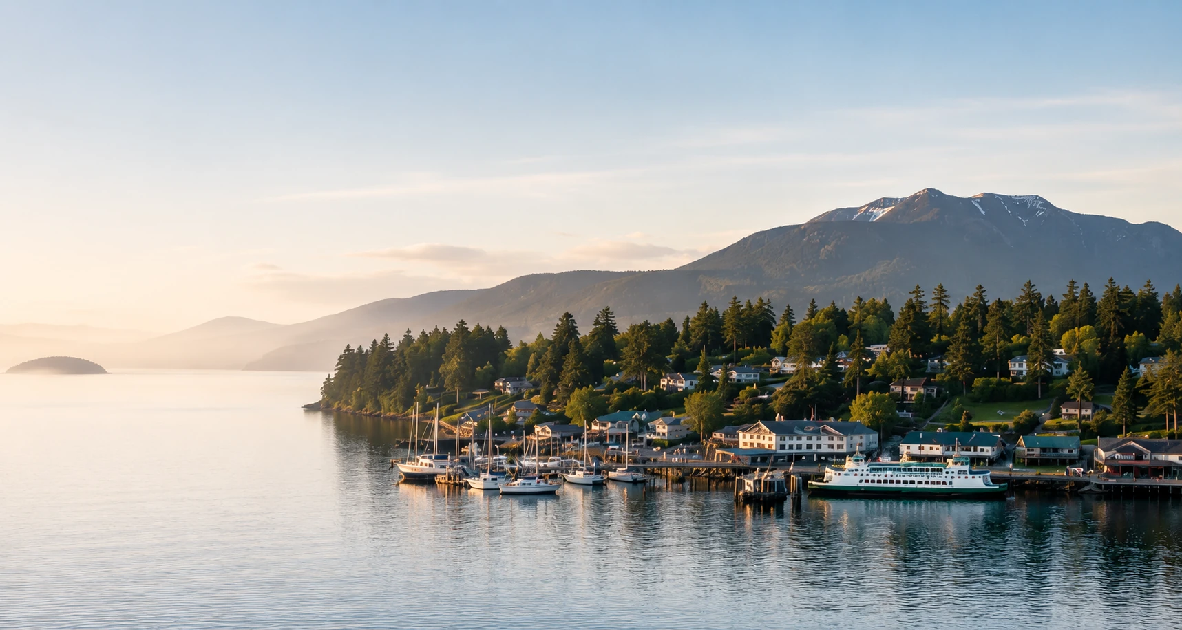 Eastsound harbor on Orcas Island at golden hour — moored boats, the ferry at the dock, and Mount Constitution beyond