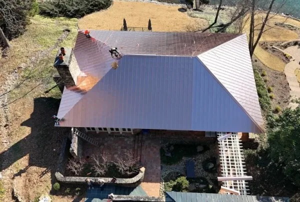 Aerial view of a new copper metal roof