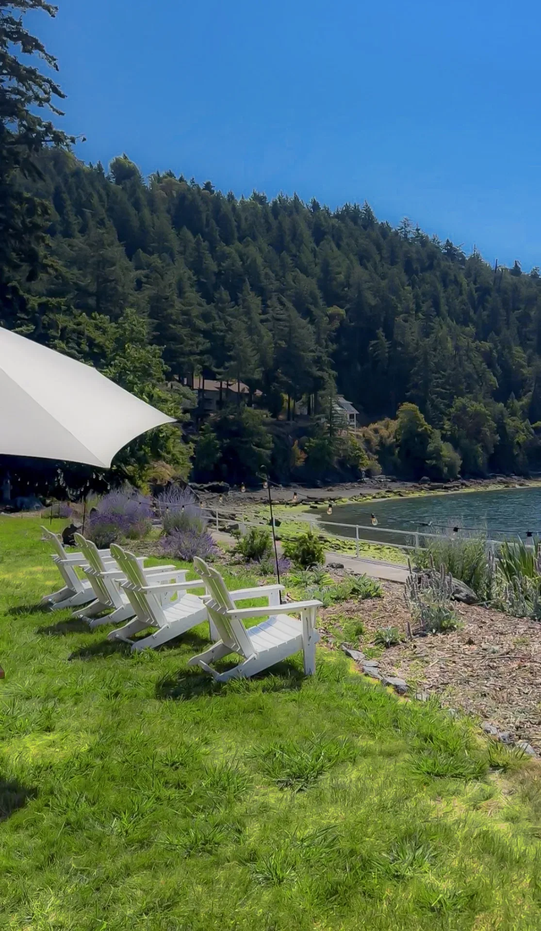 Adirondack chairs on The Lawn above the water