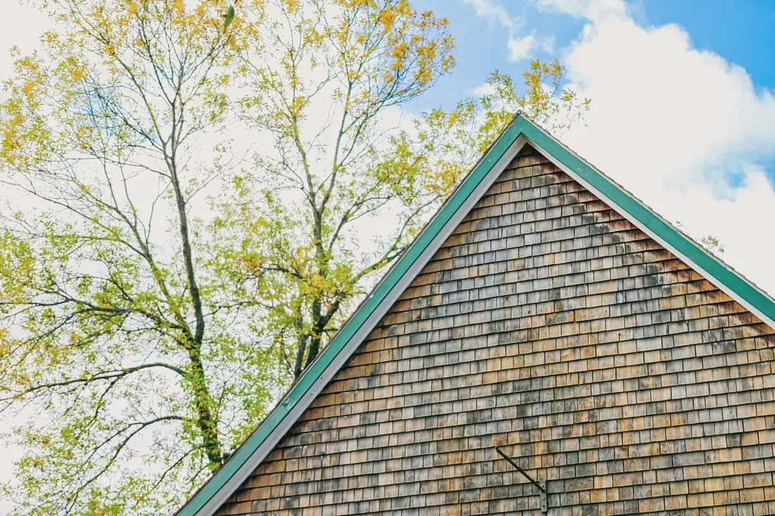 A shingled gable end with trees behind it