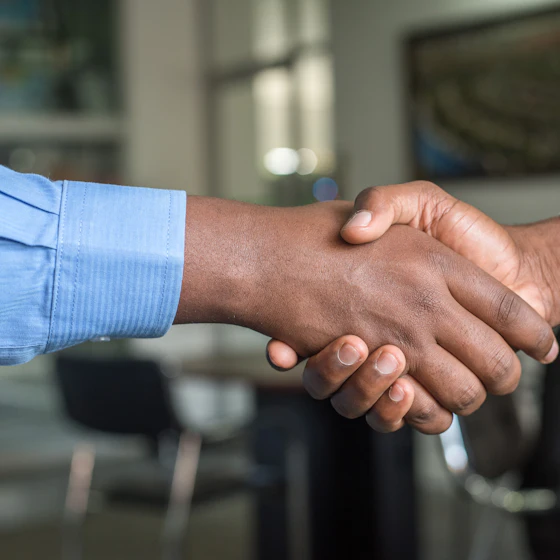 Two people shaking hands in an office