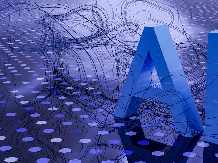 The letters A and I rendered in blue over an abstract network of wires