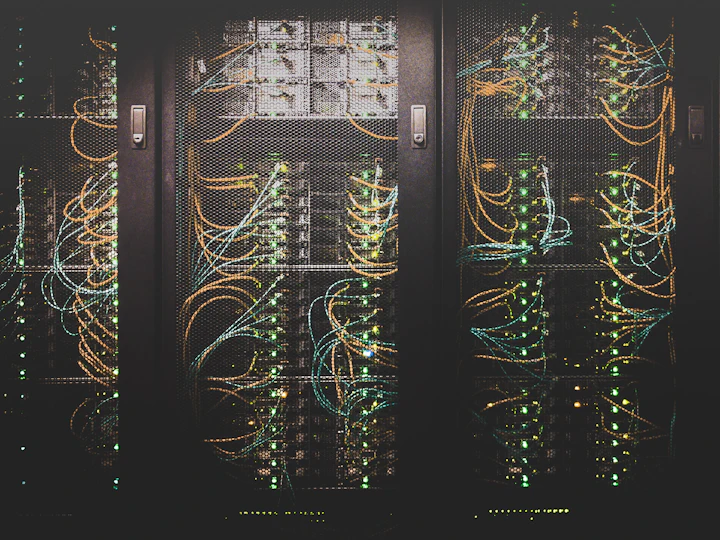 Blue-lit server cabinets holding backup storage