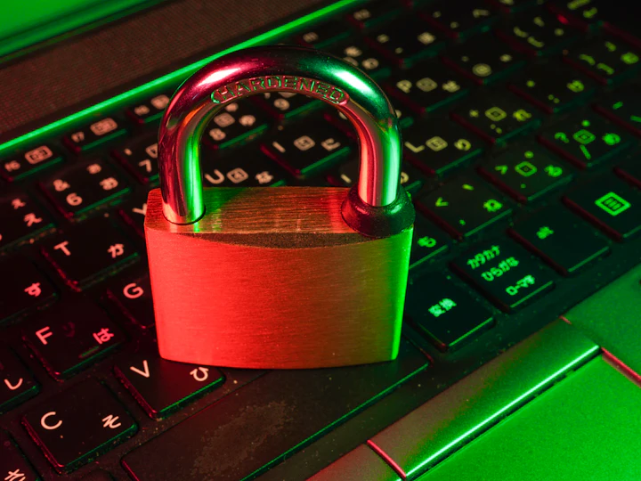 A padlock resting on a backlit laptop keyboard