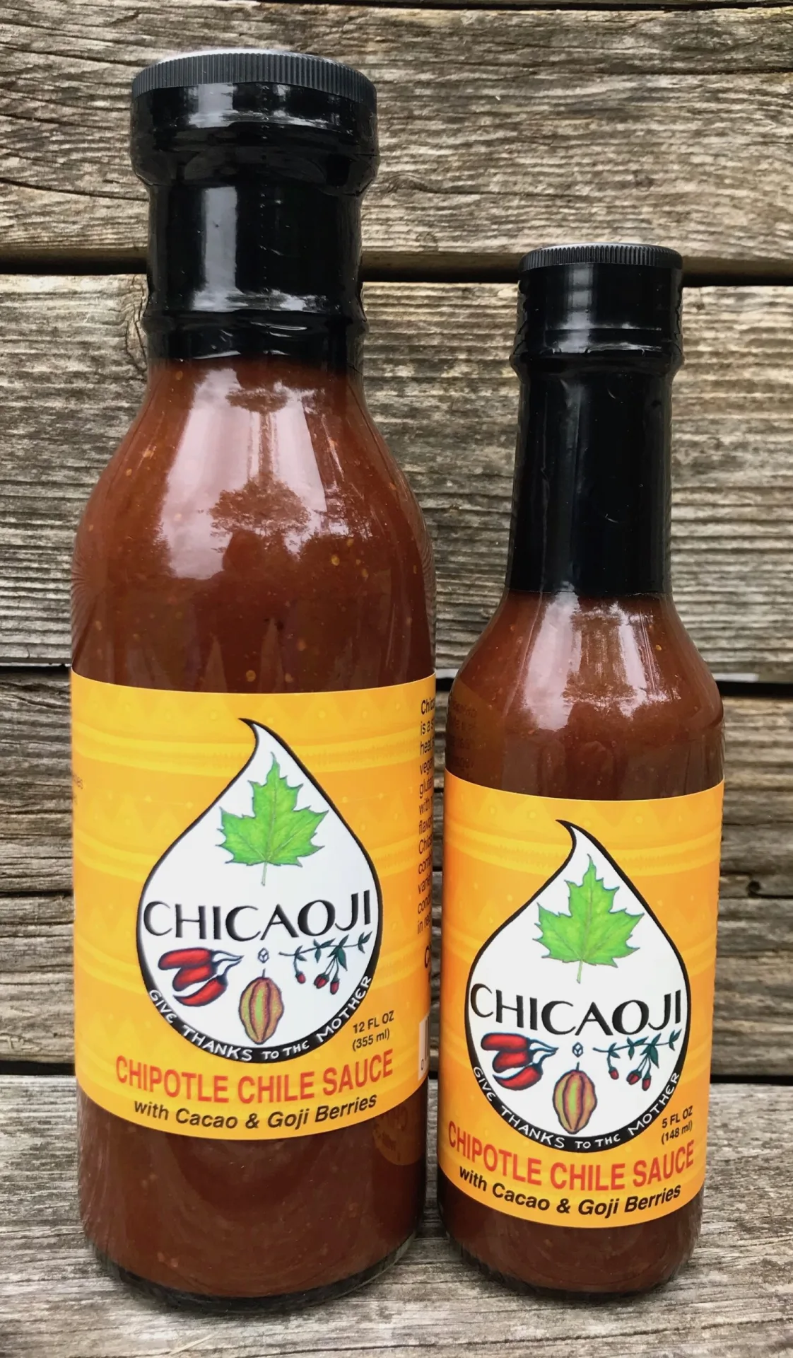 Chicaoji 5 oz and 12 oz bottles on a table