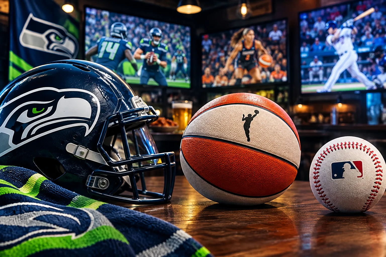 Seahawks helmet, basketball, and baseball on bar with sports games on TVs
