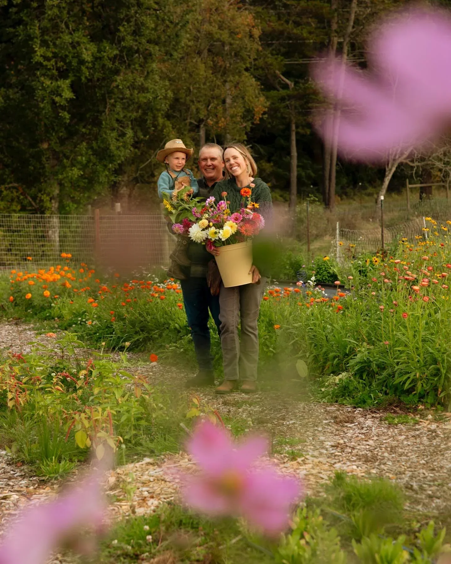 Brian and Laura Torma with their son in the flower field, holding an armful of dahlias