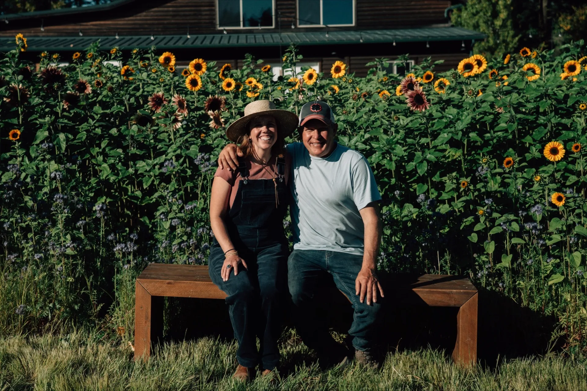 Brian and Laura Torma sitting on a wooden bench in front of a wall of sunflowers