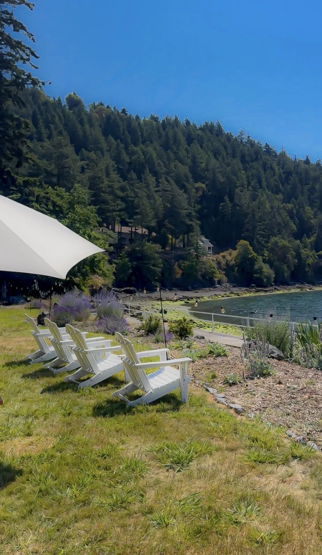 Adirondack chairs on the green lawn above Cascade Bay at Rosario Harbor