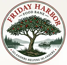 Friday Harbor Food Bank logo: a fruit tree beside the water with a ferry, ringed by the words Islanders Helping Islanders